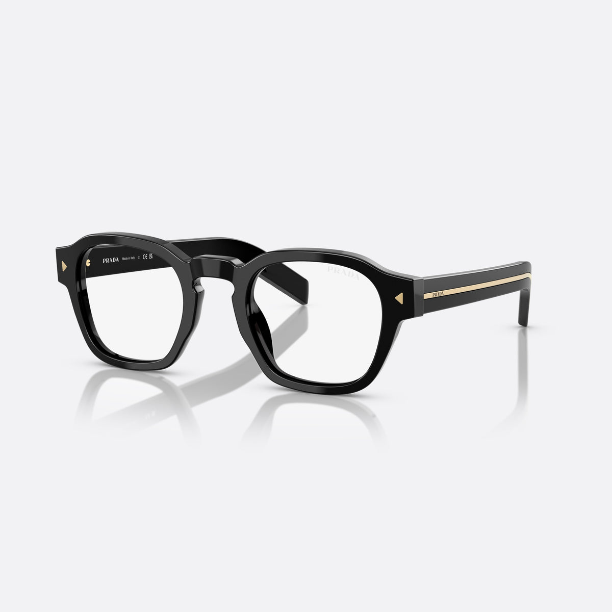Prada PR A16S 16K60K sunglasses, black phantos frame for men, brand lettering on temples, slim temples with gold stripe