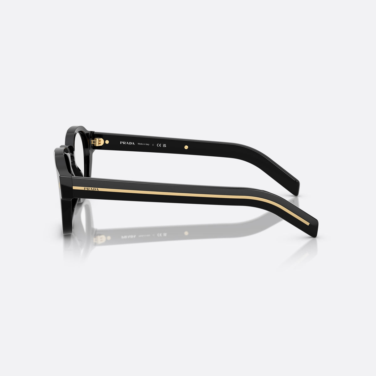 Prada PR A16S 16K60K sunglasses, black phantos frame for men, brand lettering on temples, slim temples with gold stripe, side view