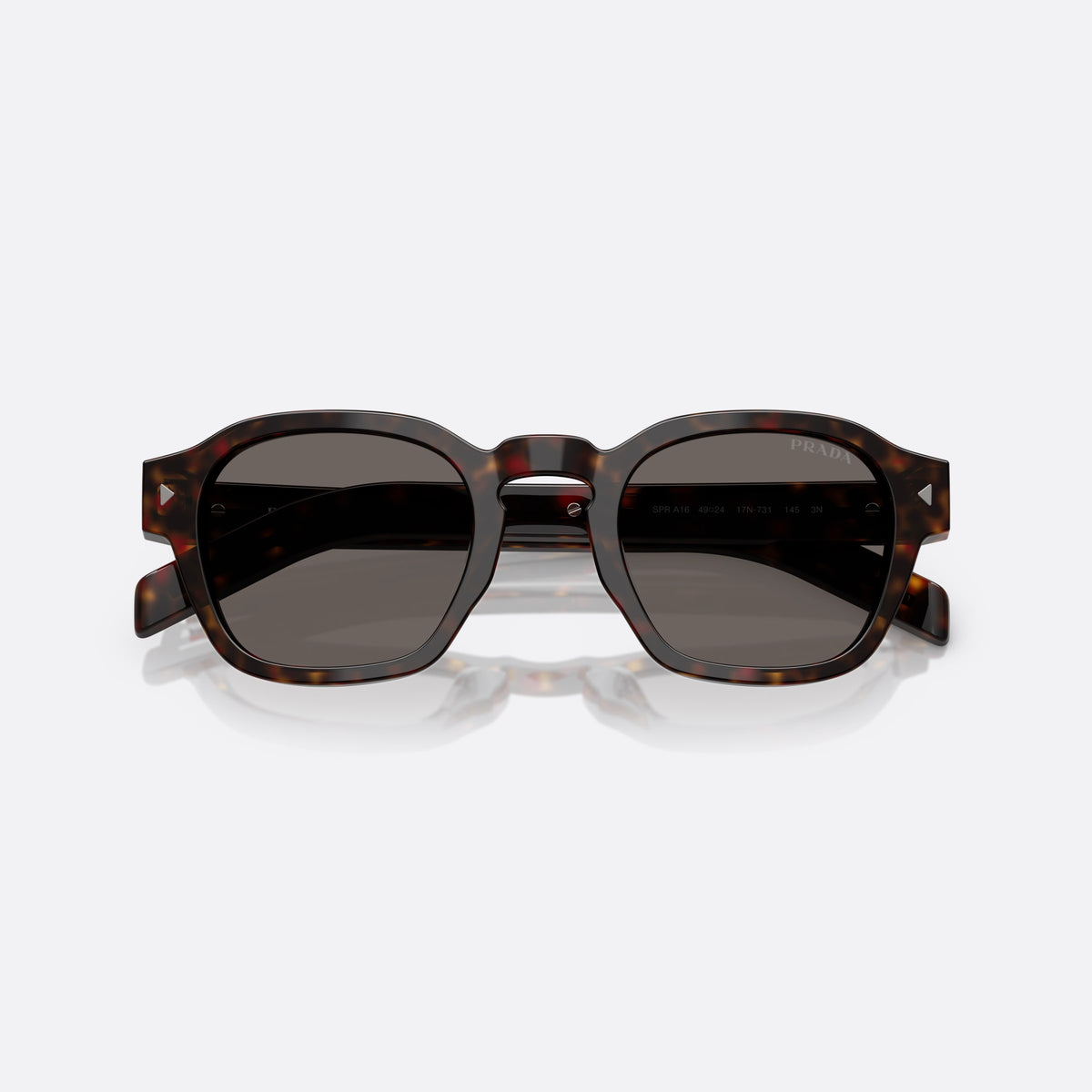 Prada PR A16S 17N-731 sunglasses, havana pantos frame for men, brand lettering on temples, flat wide temples, folded