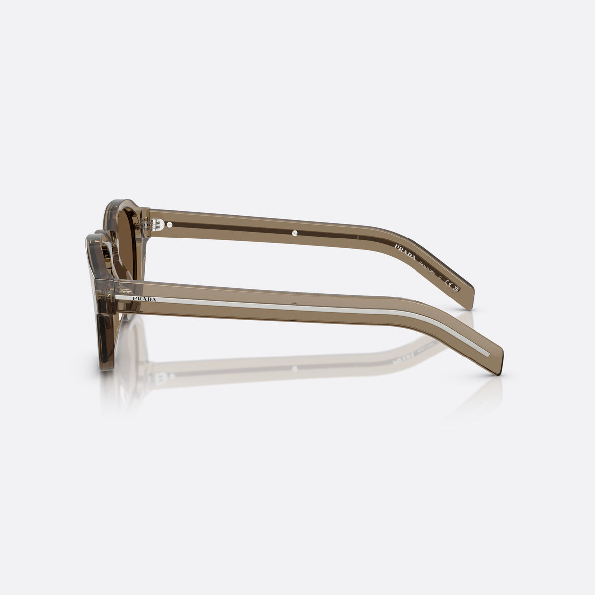 Prada PR A16S 18T70F sunglasses, brown phantos frame for men, brand logo on lens rim, flat temples with stripe, side view