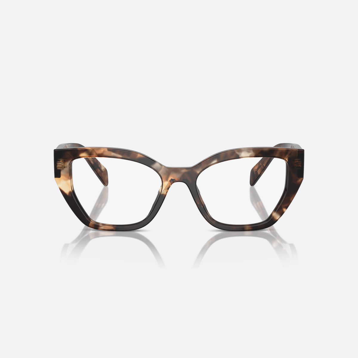 Prada PR A16V 14P1O1 eyeglasses, havana squared frame for women, integrated bridge with saddle, brand lettering on temples, front view