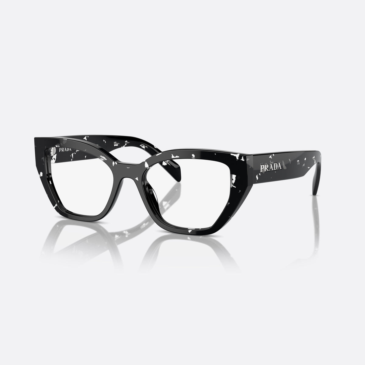 Prada PR A16V 15O1O1 eyeglasses, black squared frame for women, plain acetate bridge, brand lettering on temples
