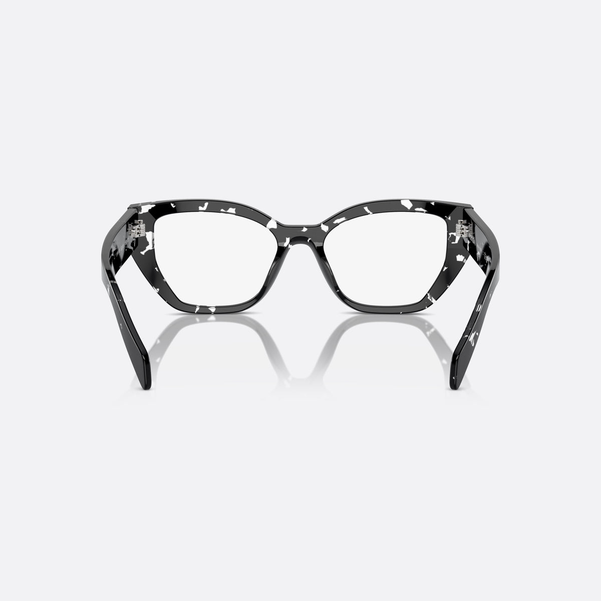 Prada PR A16V 15O1O1 eyeglasses, black squared frame for women, plain acetate bridge, brand lettering on temples, back view