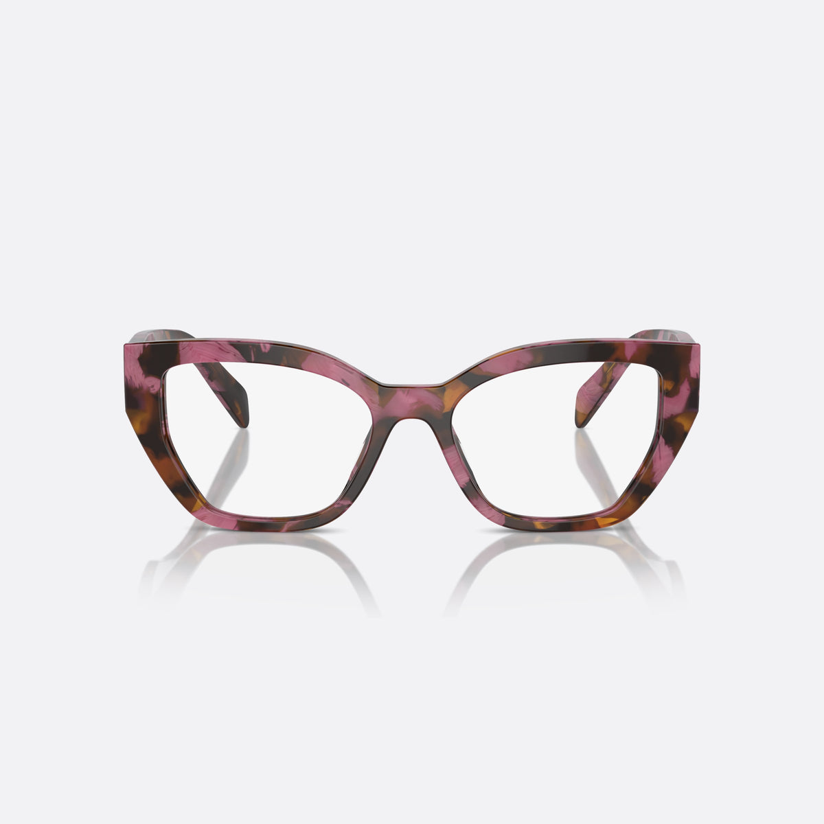 Prada PR A16V 18N1O1 eyeglasses, pink squared frame for women, plain double bridge, brand lettering on temples, front view