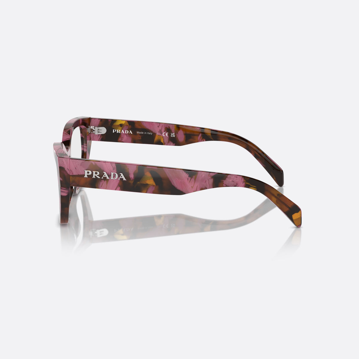 Prada PR A16V 18N1O1 eyeglasses, pink squared frame for women, plain double bridge, brand lettering on temples, side view