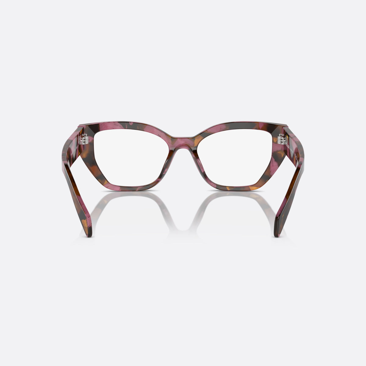 Prada PR A16V 18N1O1 eyeglasses, pink squared frame for women, plain double bridge, brand lettering on temples, back view