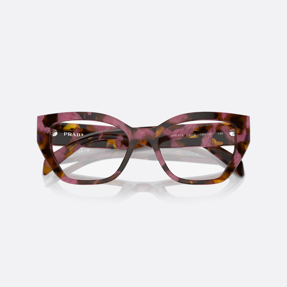 Prada PR A16V 18N1O1 eyeglasses, pink squared frame for women, plain double bridge, brand lettering on temples, folded