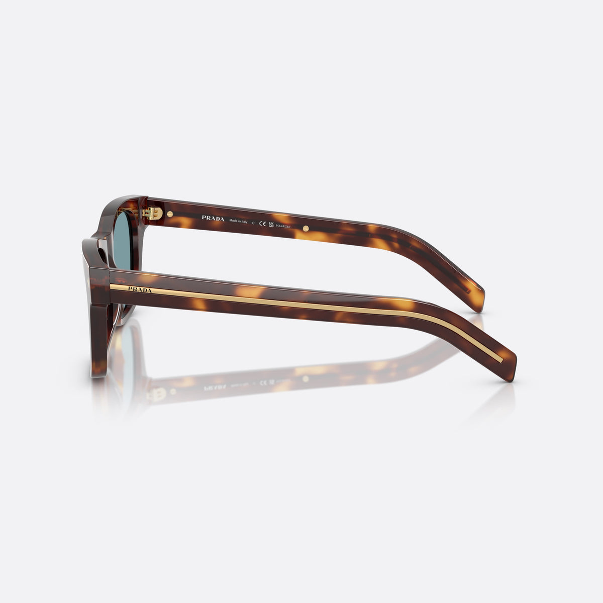 Prada PR A17S 15W04D sunglasses, havana rectangle frame for men, plain bridge, brand lettering on temples, full-rim front, side view