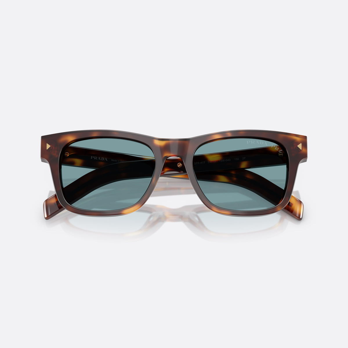Prada PR A17S 15W04D sunglasses, havana rectangle frame for men, plain bridge, brand lettering on temples, full-rim front, folded