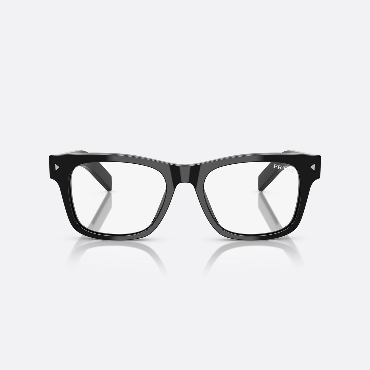 Prada PR A17S 16K60K sunglasses, black rectangle frame for men, plain bridge, brand lettering on temples, full-rim frame, front view