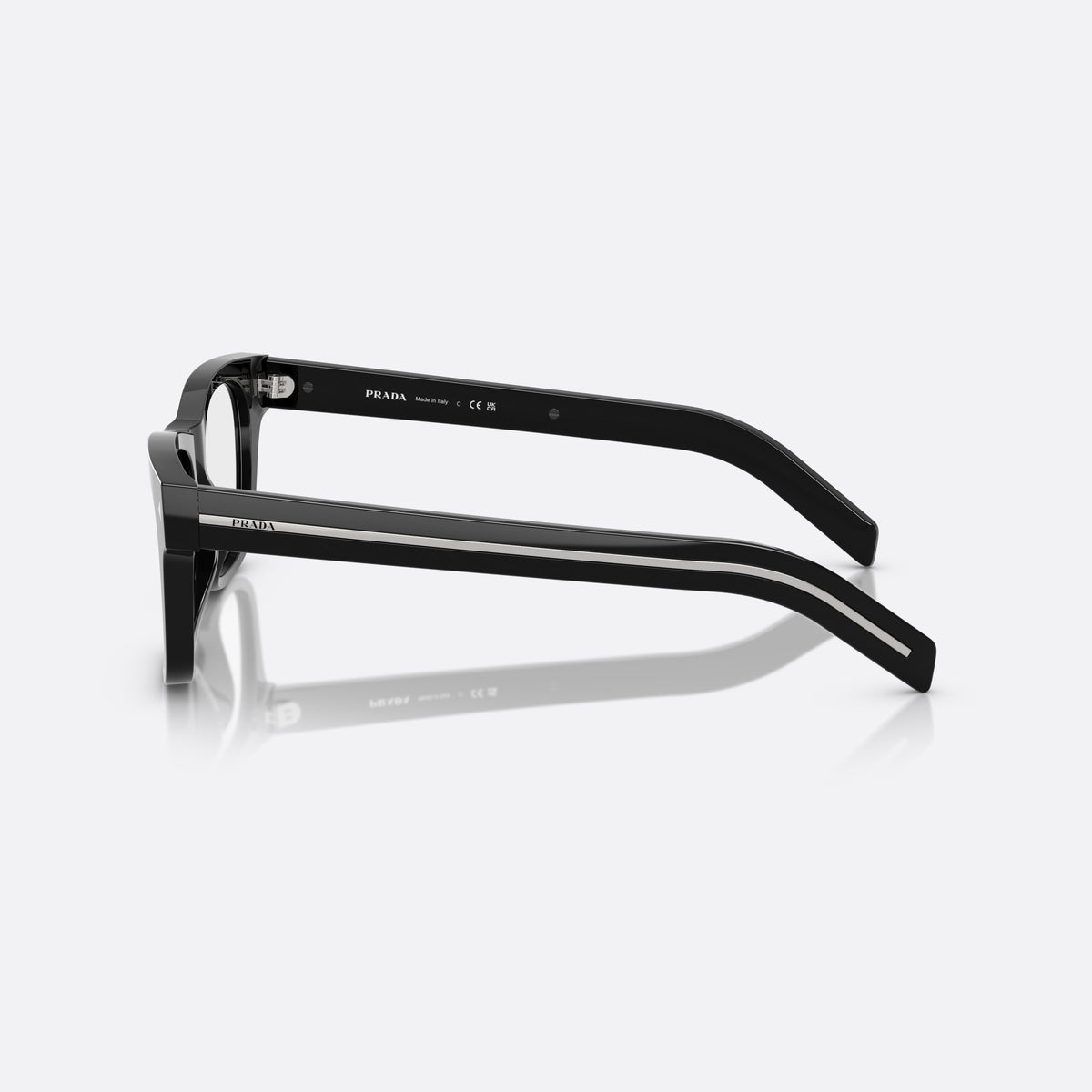 Prada PR A17S 16K60K sunglasses, black rectangle frame for men, plain bridge, brand lettering on temples, full-rim frame, side view