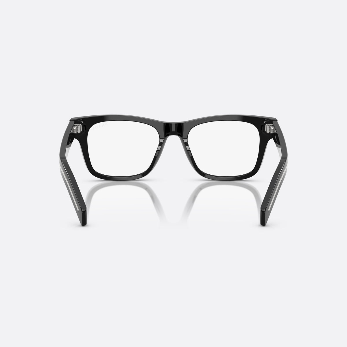 Prada PR A17S 16K60K sunglasses, black rectangle frame for men, plain bridge, brand lettering on temples, full-rim frame, back view
