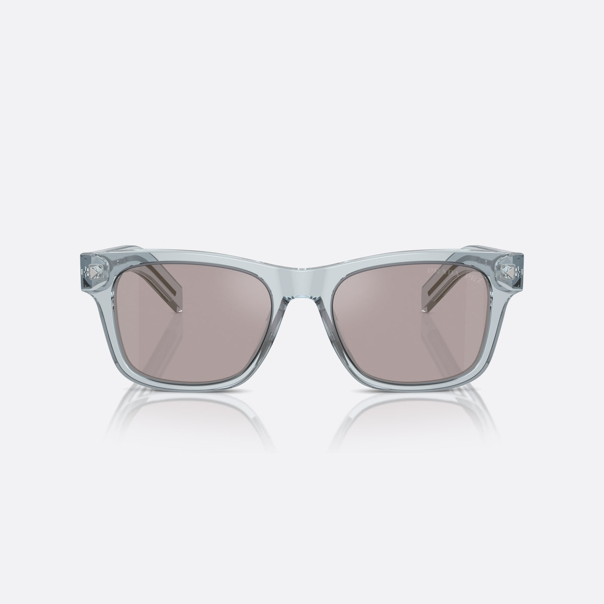 Prada PR A17S 51 sunglasses, blue rectangular frame for men, plain bridge joining front, brand lettering on temples