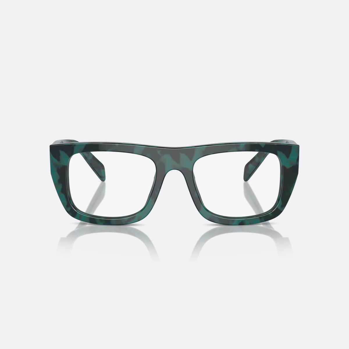 Prada PR A17V 17U1O1 eyeglasses, green geometric frame for women, plain saddle style bridge, brand lettering on temple, front view
