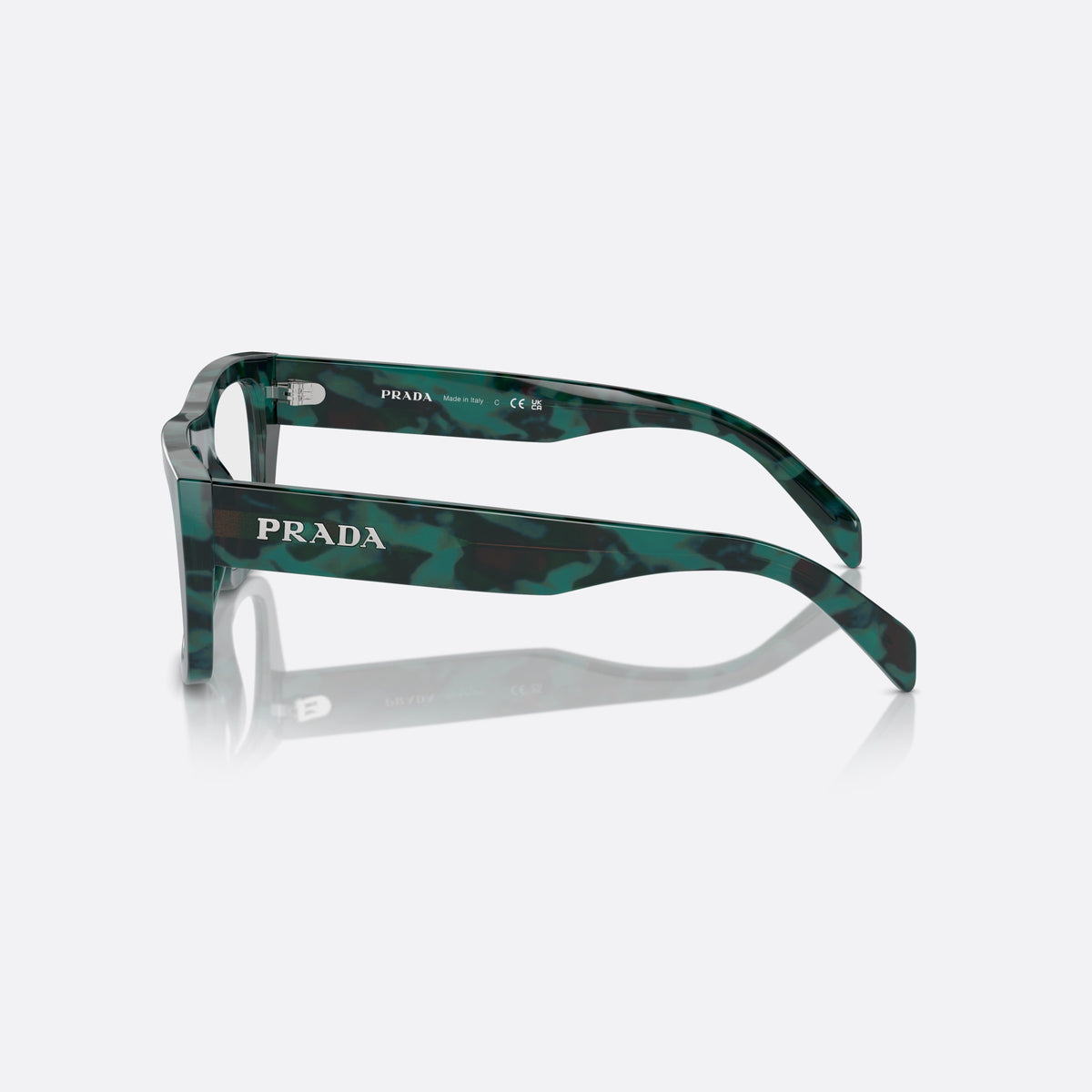 Prada PR A17V 17U1O1 eyeglasses, green geometric frame for women, plain saddle style bridge, brand lettering on temple, side view