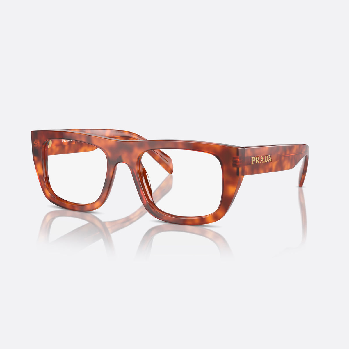 Prada PR A17V 18R1O1 eyeglasses, brown geometric frame for women, plain double bridge, brand lettering on temples
