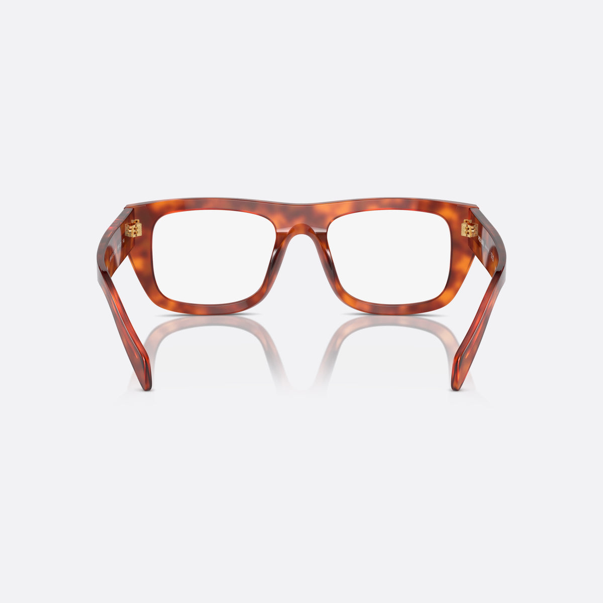 Prada PR A17V 18R1O1 eyeglasses, brown geometric frame for women, plain double bridge, brand lettering on temples, back view