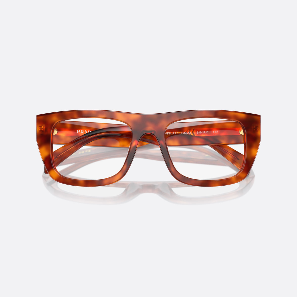 Prada PR A17V 18R1O1 eyeglasses, brown geometric frame for women, plain double bridge, brand lettering on temples, folded