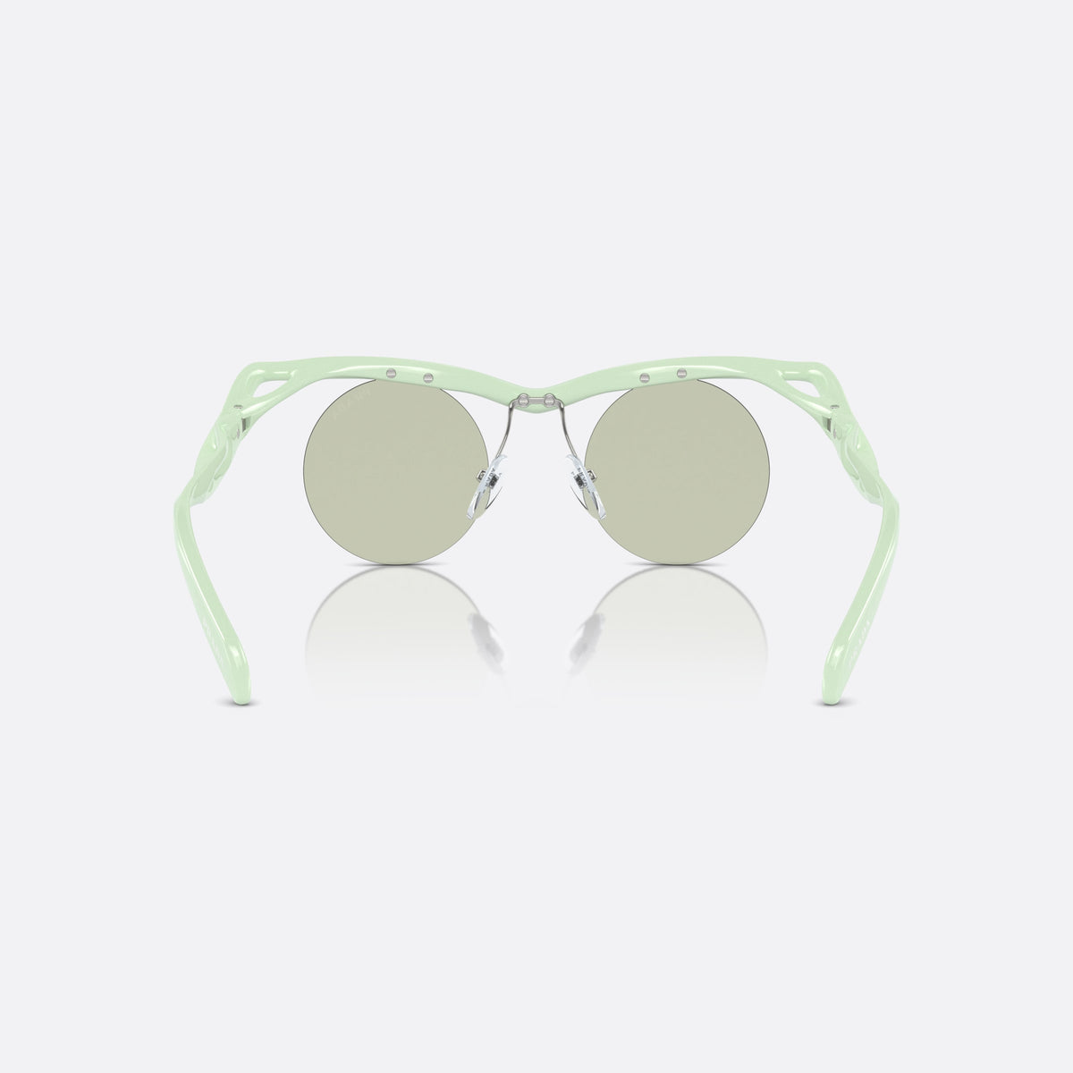 Prada PR A18S 17Q4R0 sunglasses, green round frame for men, brand lettering on the temples, back view