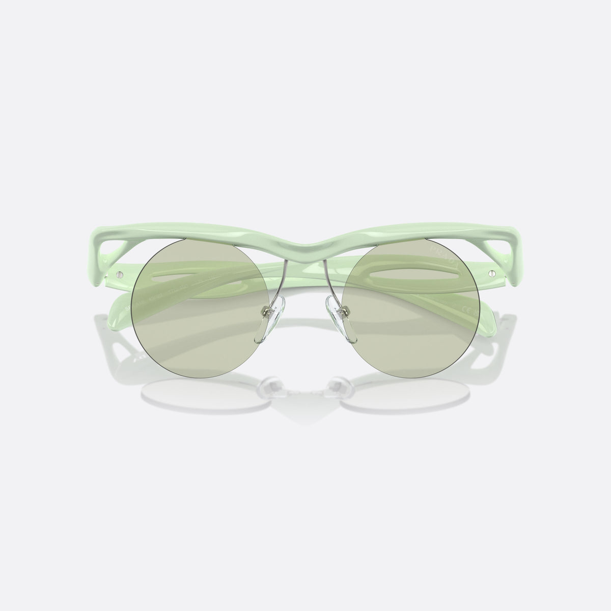 Prada PR A18S 17Q4R0 sunglasses, green round frame for men, brand lettering on the temples, folded