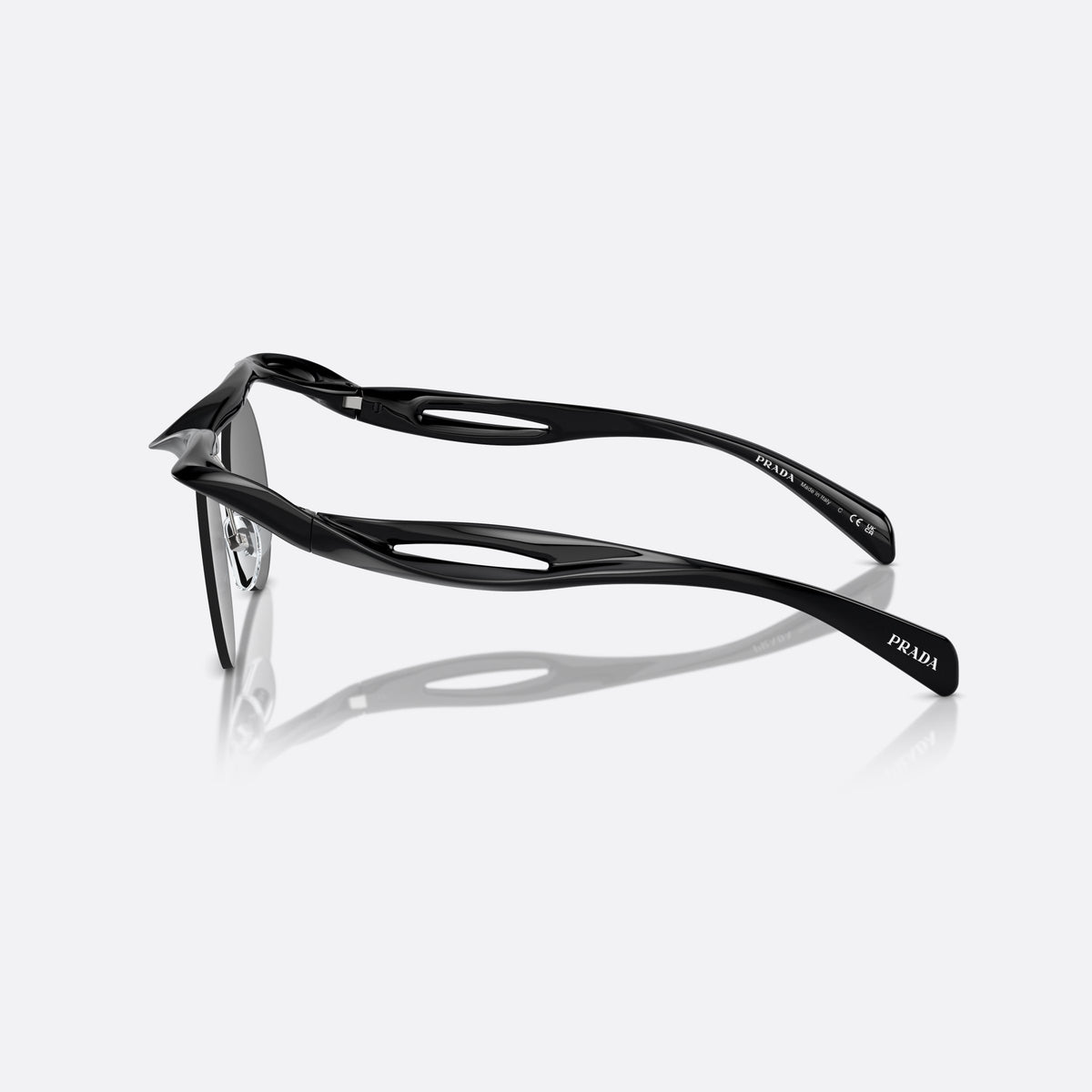 Prada PR A18S 1AB5S0 sunglasses, black round frame for men, double bridge with wavy top, side view