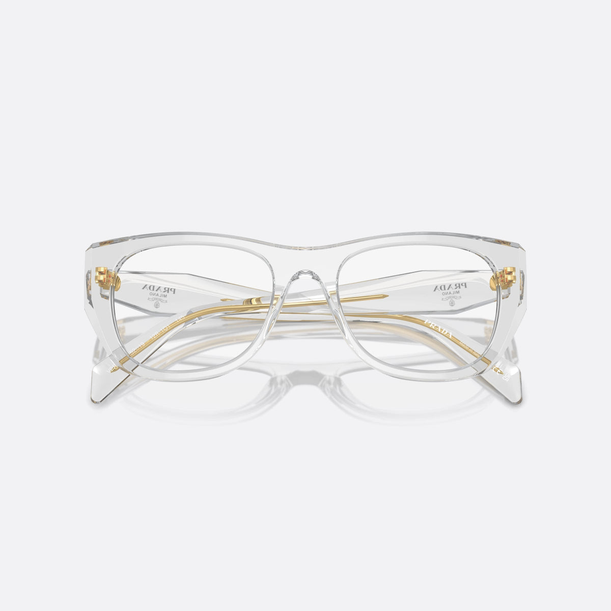 Prada PR A18V 12R-1O1 eyeglasses, clear geometric frame for women, plain bridge, brand lettering on temples, full-rim front, folded