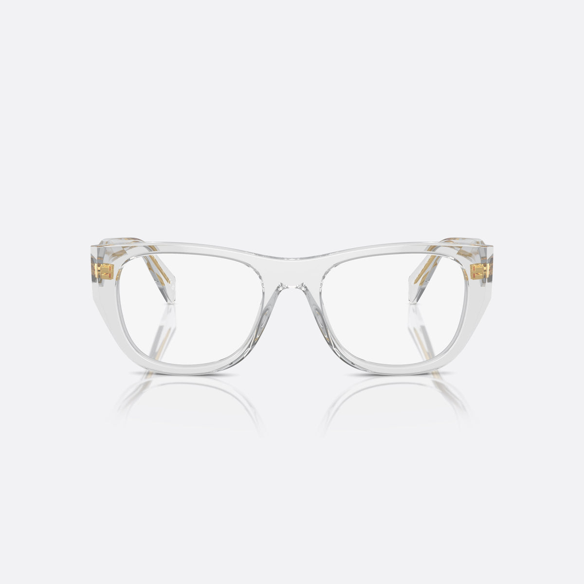 Rame ochelari de vedere Prada PR A18V 12R-1O1, geometrica transparent, pentru femei, punte keyhole, placă triunghiulară a brandului pe brațe, vedere din față