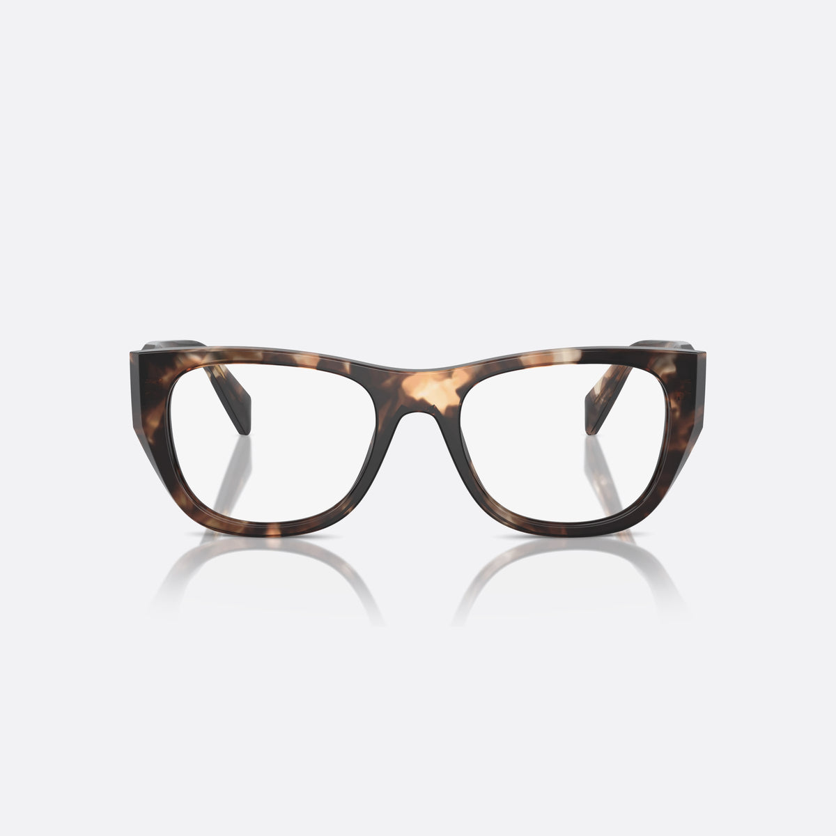 Prada PR A18V 14P1O1 eyeglasses, havana geometric frame for women, plain acetate-style bridge, brand lettering on temples, front view