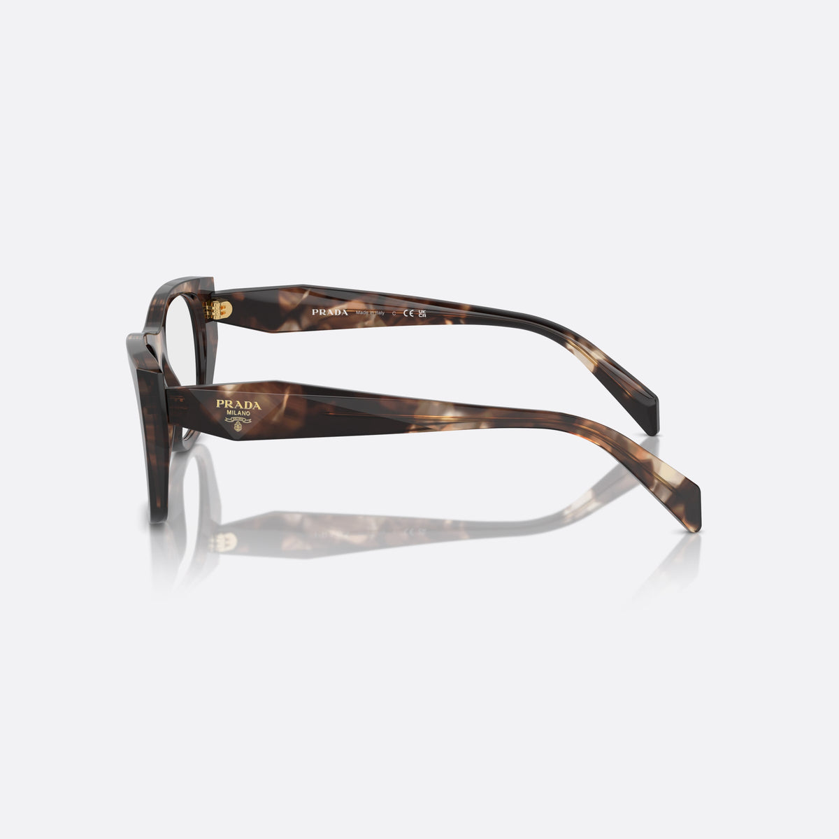 Prada PR A18V 14P1O1 eyeglasses, havana geometric frame for women, plain acetate-style bridge, brand lettering on temples, side view