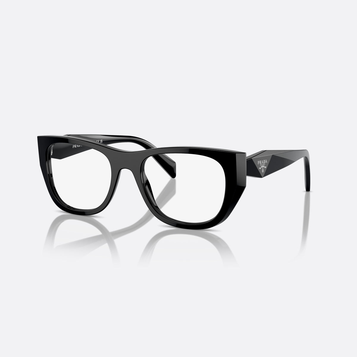 Prada PR A18V 16K-1O1 eyeglasses, black irregular frame for women, plain bridge, low saddle profile, brand lettering on temples