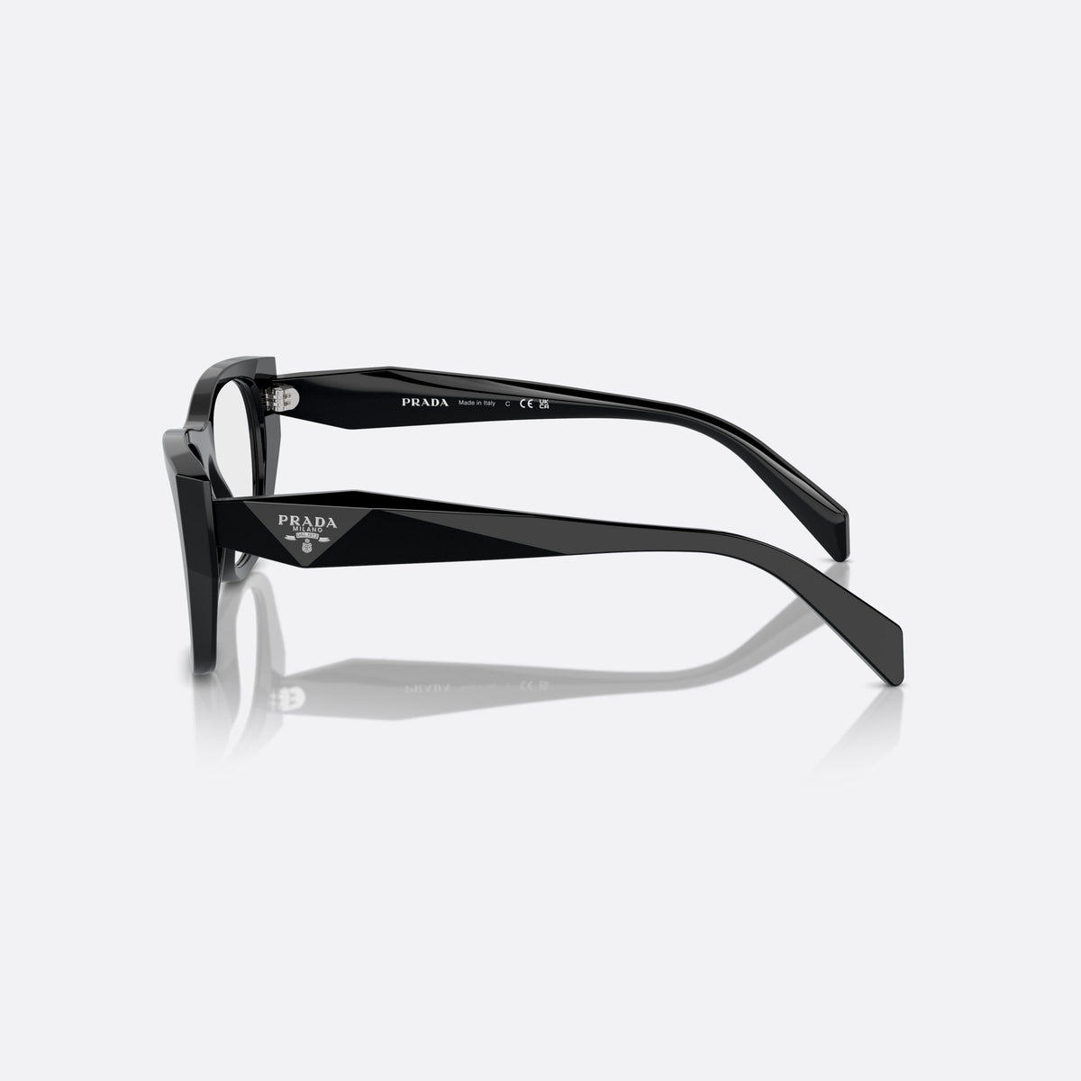 Prada PR A18V 16K-1O1 eyeglasses, black irregular frame for women, plain bridge, low saddle profile, brand lettering on temples