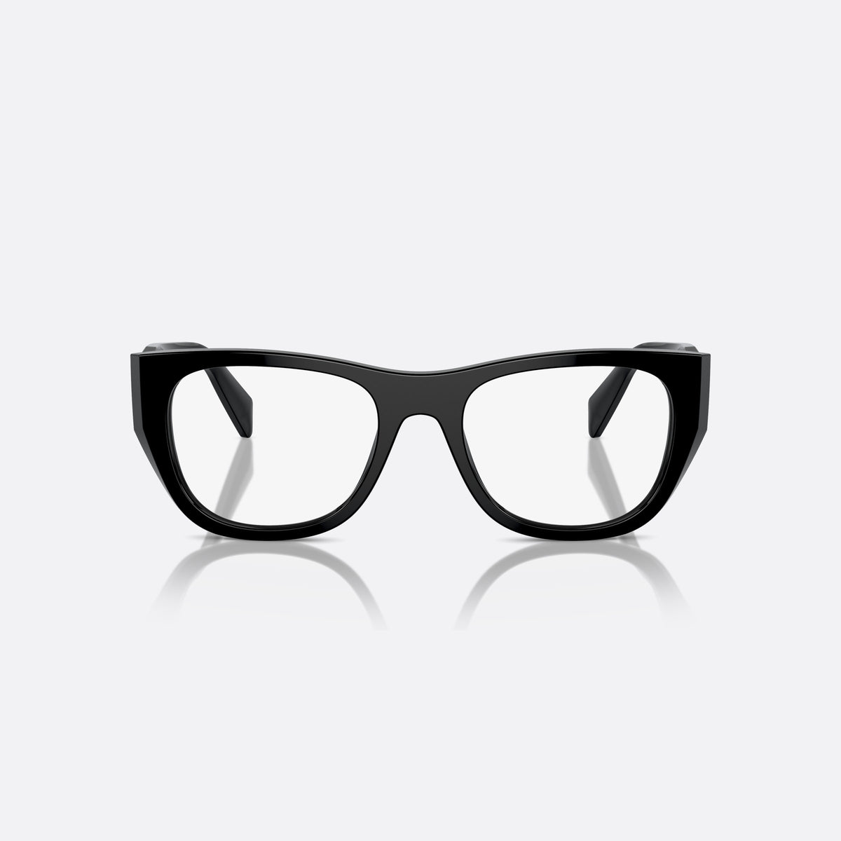Prada PR A18V 16K-1O1 eyeglasses, black irregular frame for women, plain bridge, low saddle profile, brand lettering on temples