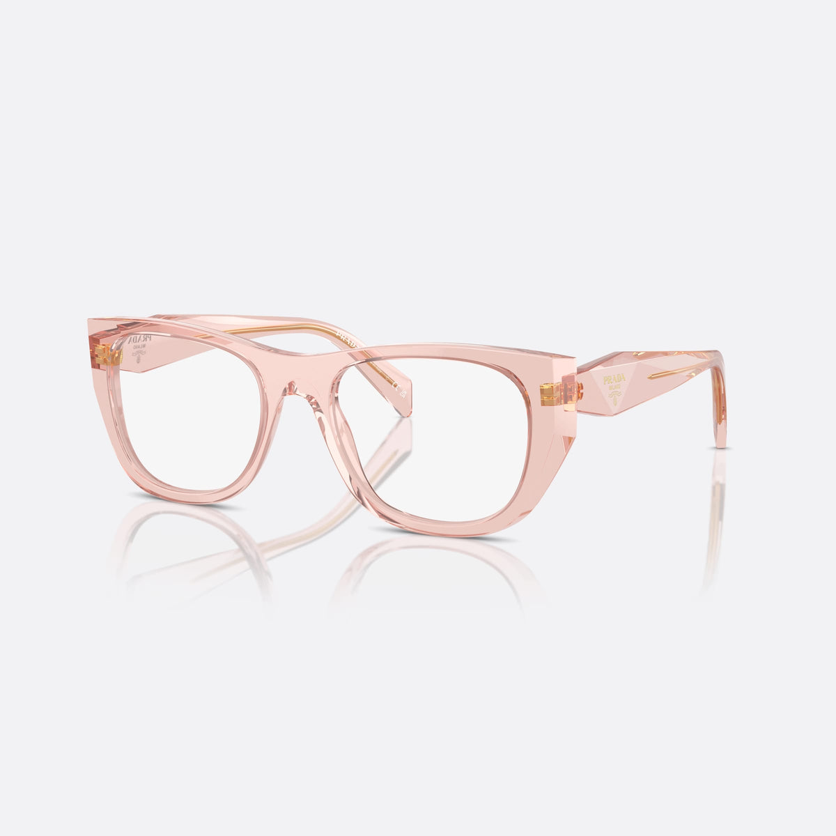 Prada PR A18V 19Q-1O1 eyeglasses, pink geometric frame for women, plain bridge, saddle style, brand lettering on temples
