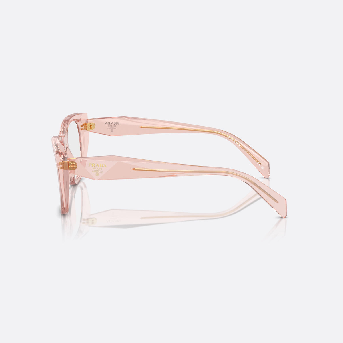 Prada PR A18V 19Q-1O1 eyeglasses, pink geometric frame for women, plain bridge, saddle style, brand lettering on temples, side view