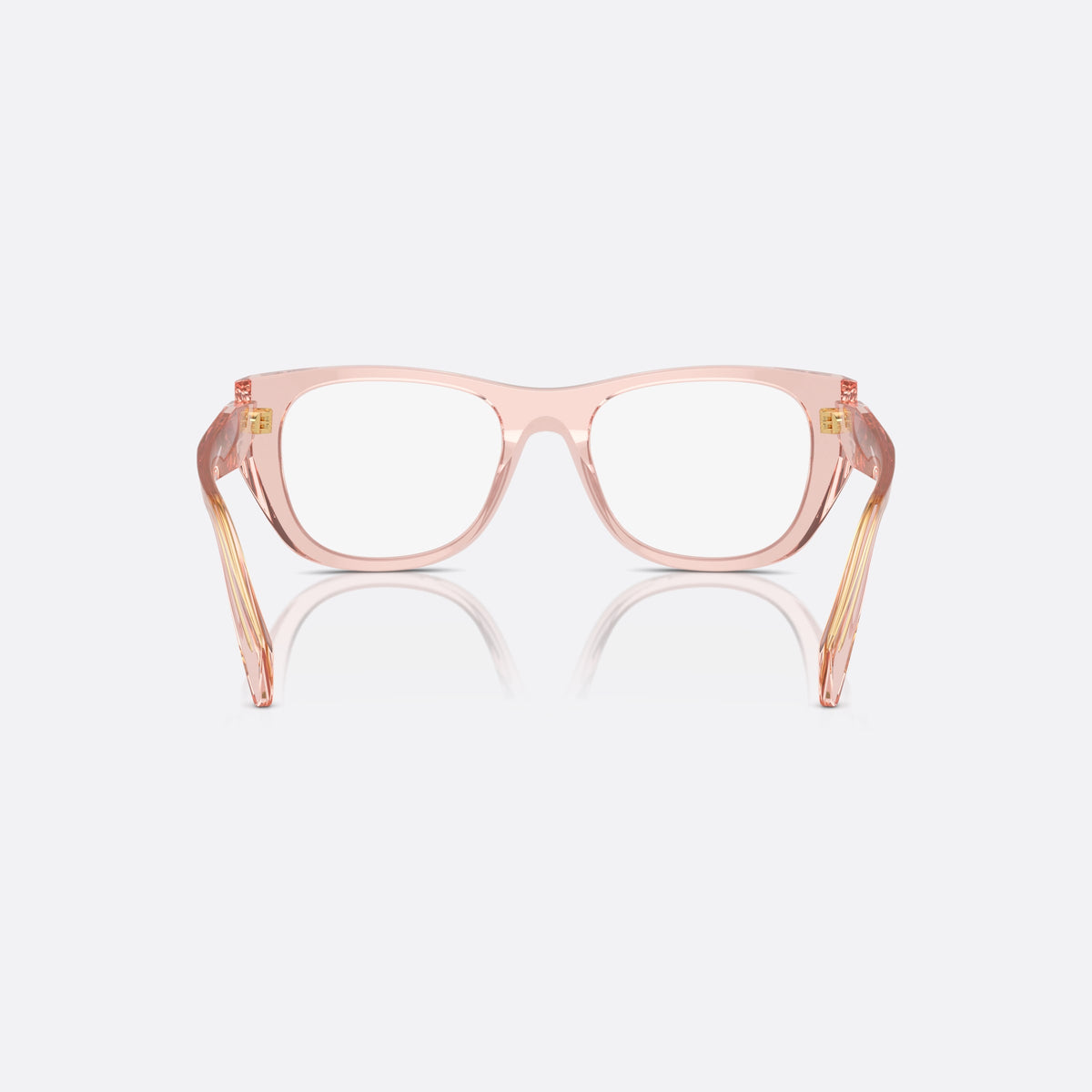 Prada PR A18V 19Q-1O1 eyeglasses, pink geometric frame for women, plain bridge, saddle style, brand lettering on temples, back view