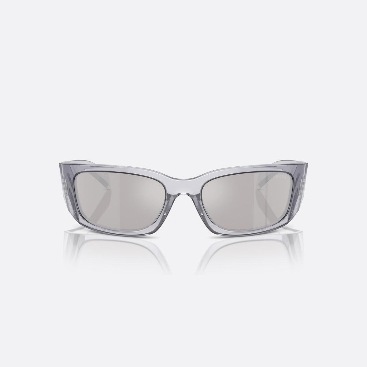 Prada PR A19S 12R-2B0 sunglasses, grey squared frame for men, plain integrated bridge, brand lettering on temples, front view