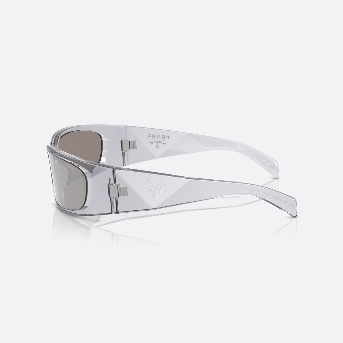 Prada PR A19S 12R-2B0 sunglasses, grey squared frame for men, plain integrated bridge, brand lettering on temples, side view