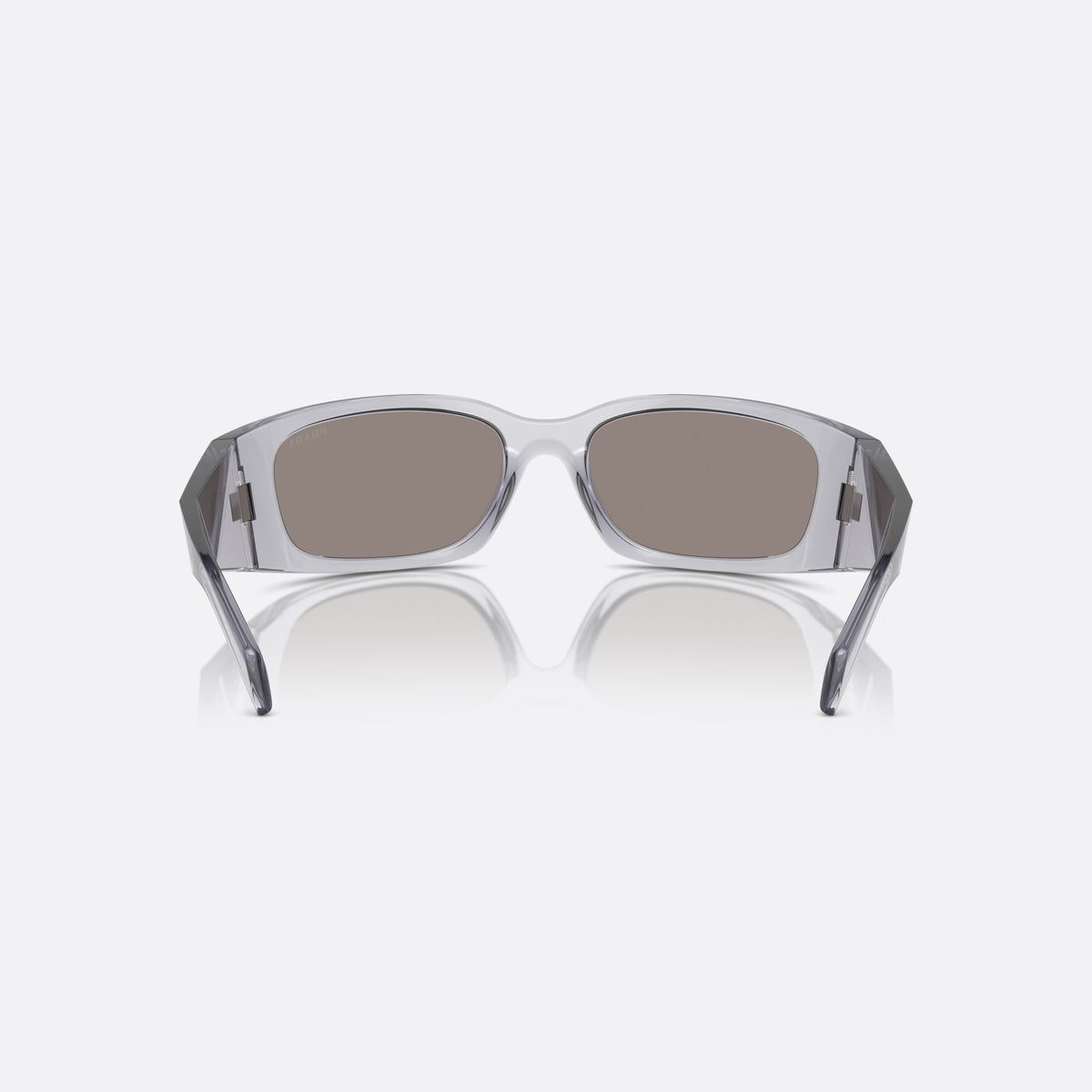 Prada PR A19S 12R-2B0 sunglasses, grey squared frame for men, plain integrated bridge, brand lettering on temples, back view