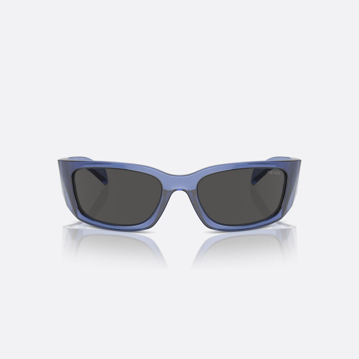 Prada PR A19S 15R-5S0 sunglasses, violet squared frame for men, plain integrated bridge, brand lettering on lens, front view
