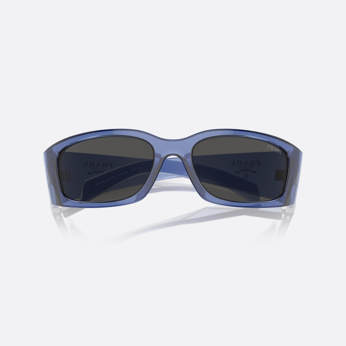 Prada PR A19S 15R-5S0 sunglasses, violet squared frame for men, plain integrated bridge, brand lettering on lens, folded