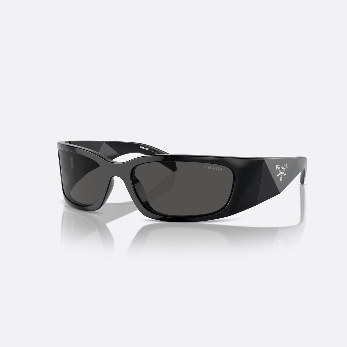 Prada PR A19S 1AB5S0 sunglasses, black squared frame for men, integrated plain bridge, brand lettering on the temples