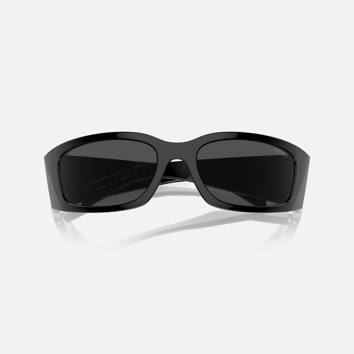 Prada PR A19S 1AB5S0 sunglasses, black squared frame for men, integrated plain bridge, brand lettering on the temples, folded