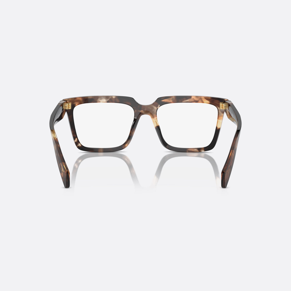 Prada PR A19V 14P1O1 eyeglasses, havana squared frame for women, plain bridge with dip, brand lettering on temples, back view
