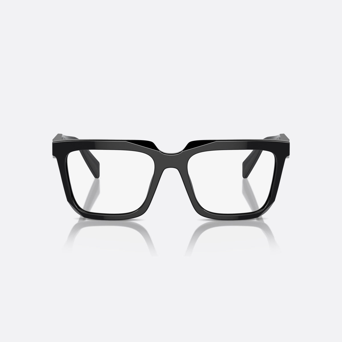 Prada PR A19V 16K1O1 eyeglasses, black squared frame for women, plain double bridge, triangular brand logo plaque, front view