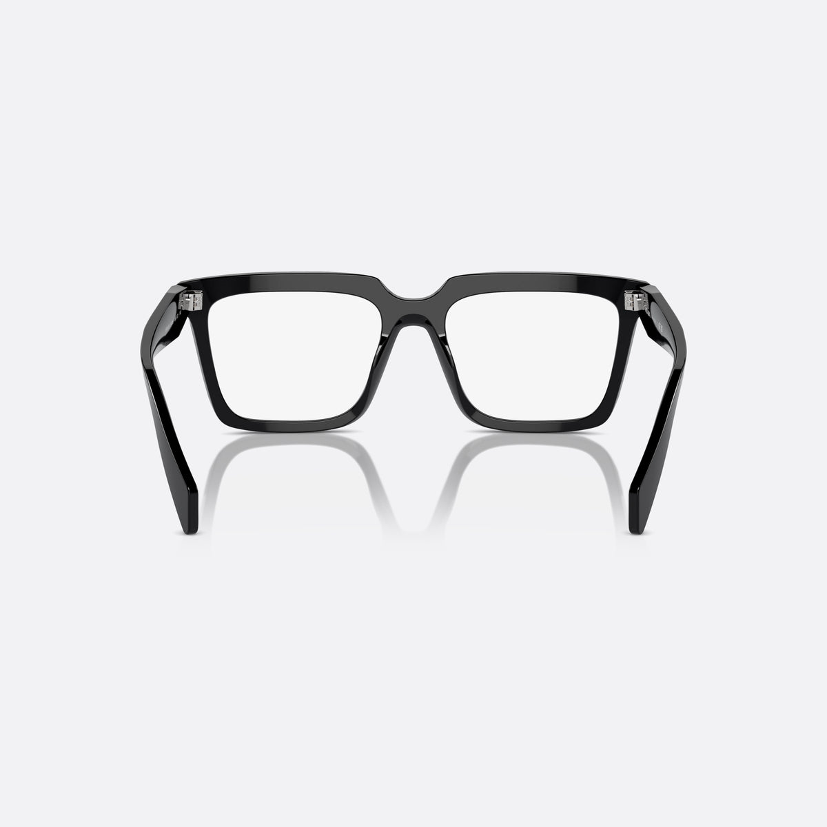 Prada PR A19V 16K1O1 eyeglasses, black squared frame for women, plain double bridge, triangular brand logo plaque, back view