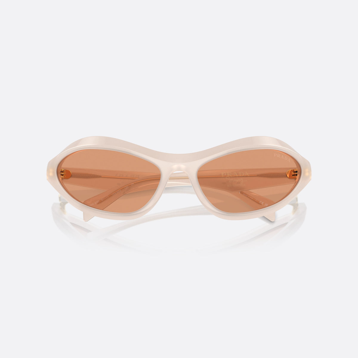 Prada PR A20S 12V07V sunglasses, white cat eye frame for women, plain integrated bridge, brand logo on temple, folded