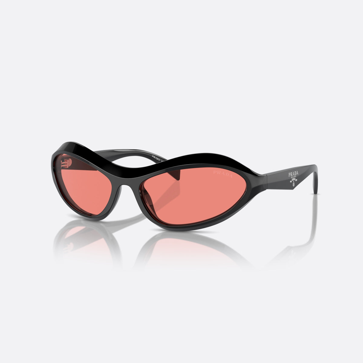 Prada PR A20S 16K20B sunglasses, black cat eye frame for women, plain integrated bridge, brand lettering on temples