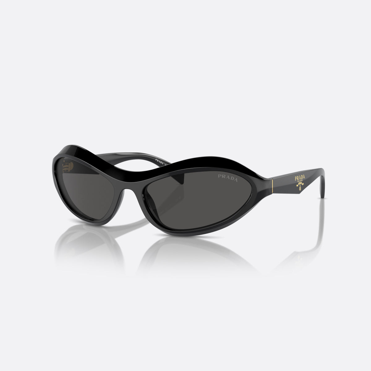 Prada PR A20S 16K5S0 sunglasses, black cat eye frame for women, plain bridge, integrated into frame, brand logo on front rim