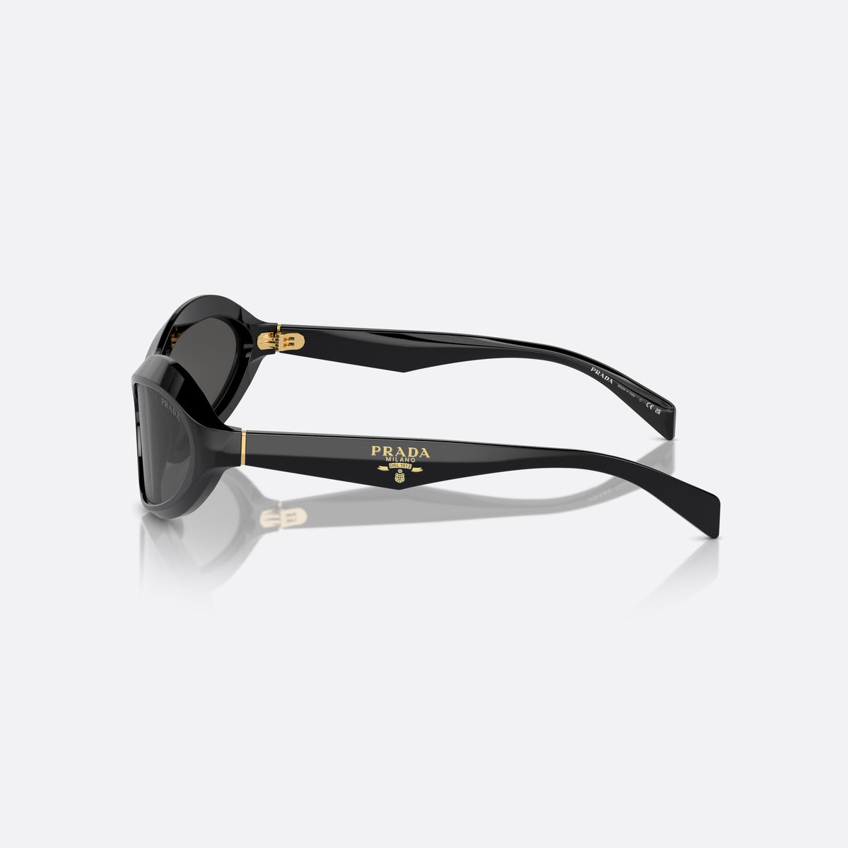 Prada PR A20S 16K5S0 sunglasses, black cat eye frame for women, plain bridge, integrated into frame, brand logo on front rim, side view