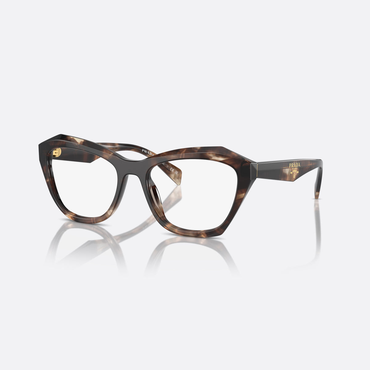 Prada PR A20V 14P1O1 eyeglasses, havana geometric frame for women, plain bridge, brand logo plaque on temple